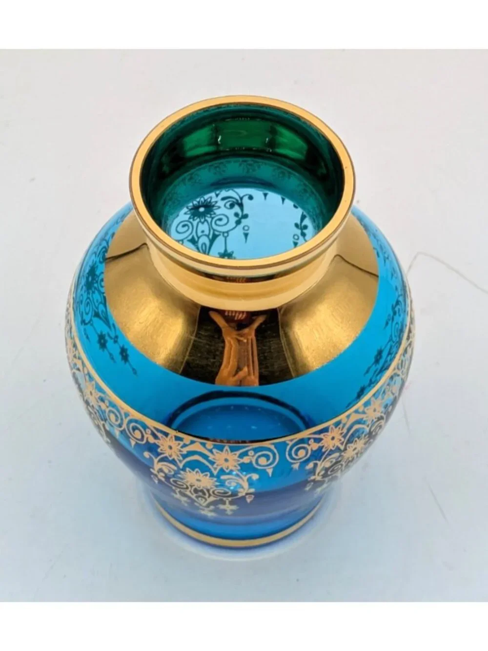 Ferro & Lazzarini Murano Italian Aqua Blue Art Glass Vase 22K Gold Gild 4.25